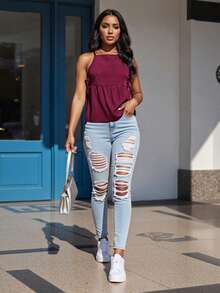 Women's Tie Strap Tank Tops Solid Plaid Pattern Side Ties Sleeveless Spaghetti Straps Camisole for Summer - Burdeos - Ver 4