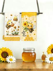 2pcs Bee Pattern Kitchen Towels, Size 40*48cm, Bee, Sunflower And Honey Pattern, Soft And Absorbent Microfiber Hand Towels, Kitchen Decor, Dining Table Decor, Bathroom Decor, Warm Gift For Friends And Family, Spring/Summer Decoration - Yellow - View 2