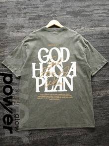Jesus Tee God Has A Plan Graphic Tee Double-Sided Print Washed T-Shirt Holiday Gifts Y2K Men's Graphic Tees, Street - Style Vintage Washed T - Shirts, 230G Cotton T - Shirts, 100% Pure Cotton, Unisex Graphic Tees  Halloween Back To School  Shirts - xanh quân đội - Xem 3