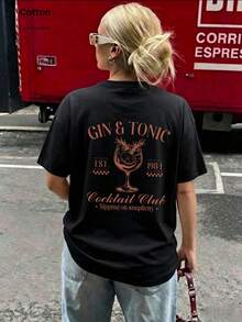 Cute Sexy Women's Cocktail Club Print T-Shirt, Drop Shoulder Short Sleeve Round Neck, Long Length Washed Black Casual Top, Outdoor Y2K Street Style - Black - View 9