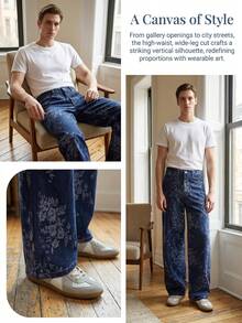 Quần jeans ống đứng dáng rộng, chất liệu jacquard họa tiết hoa ONE.DINY, kiểu dáng đường phố, thoải mái, quần dài unisex. - Màu xanh lam - Xem 5