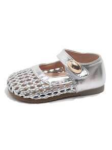 1 Pair Summer New Girls Woven Hollow Mary Jane Shoes, Toddler Soft Bottom Non-Slip Princess Shoes, Kids Hook And Loop Breathable Leather Shoes - Silver - View 6