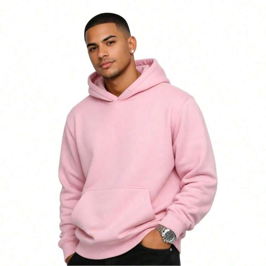 Plain Kangaroo Hoodie For Men And Women, Comfortable Jacket With Hood And Pocket, Immediate Shipping - Baby Pink - View 1
