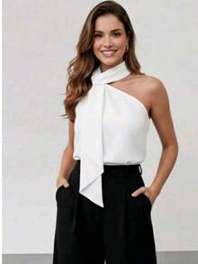 Satin One-Shoulder Blouse With Elegant Butterfly Knot Tie At The Neck, Perfect For The Office. - 白色 - 查看 5