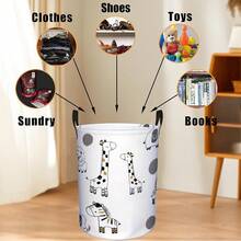 1PC Minimalist Line Art Giraffe, Zebra, And Lion Patterned Laundry Basket, Portable Round Storage Bin, Multipurpose Baby Toy Storage, Children's Bedroom Decoration - Black and White - View 4
