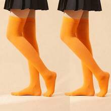 1 Pair Orange Smooth Opaque Thigh High Socks For Women - Orange - View 12