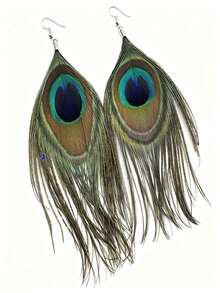 1 Pair Bohemian Peacock Feather Earrings Exaggerated Vintage Handmade Ear Jewelry - Silver - View 5