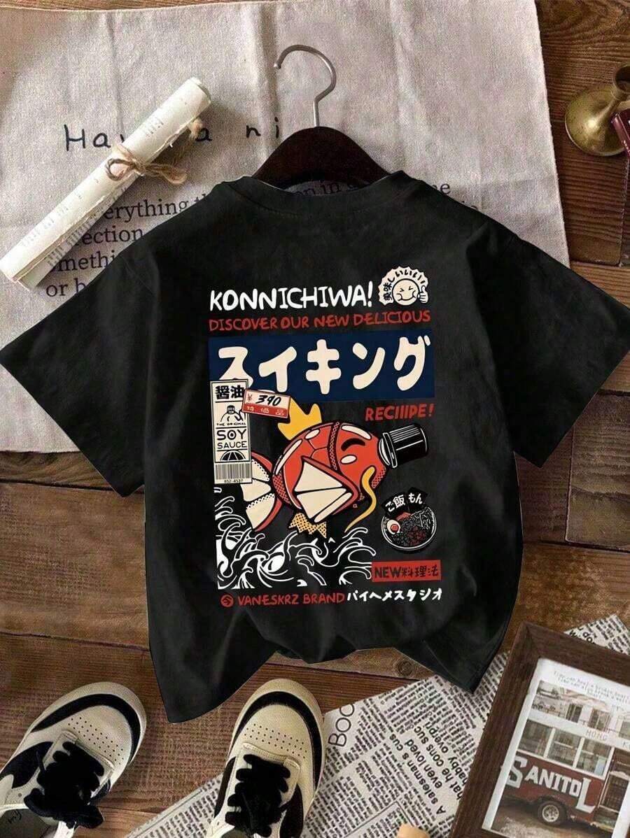 Summer Clothes WomenNEON DUSK Men's Light Green Cartoon Fish, Letter, Ramen, Number Print Crew Neck Short Sleeve T-Shirt, Casual Daily WearLoose And Comfortablespring Top - 黑色 - 查看 1