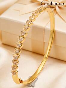 Camhanno 5pcs/1pc Elegant Art Stainless Steel Copper Bracelet Set, Essential Stackable Accessory With Inlaid Decoration Mix And Match Design - Gold - View 9