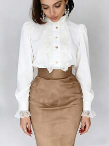 Blusa elegante de encaje francés con parches en el cuello, color blanco, para primavera - Blanco - Ver 4