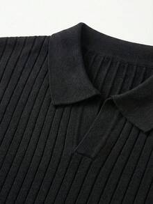 Suéter de punto de manga corta para hombre, camisa polo casual a rayas, camiseta de punto de media manga con cuello, primavera y otoño - Negro - Ver 3