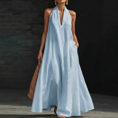 2026 Womens Halter Neck Maxi Dress Backless Sleeveless Casual Loose Fit Flowy Sundress For Summer Beach Vacation