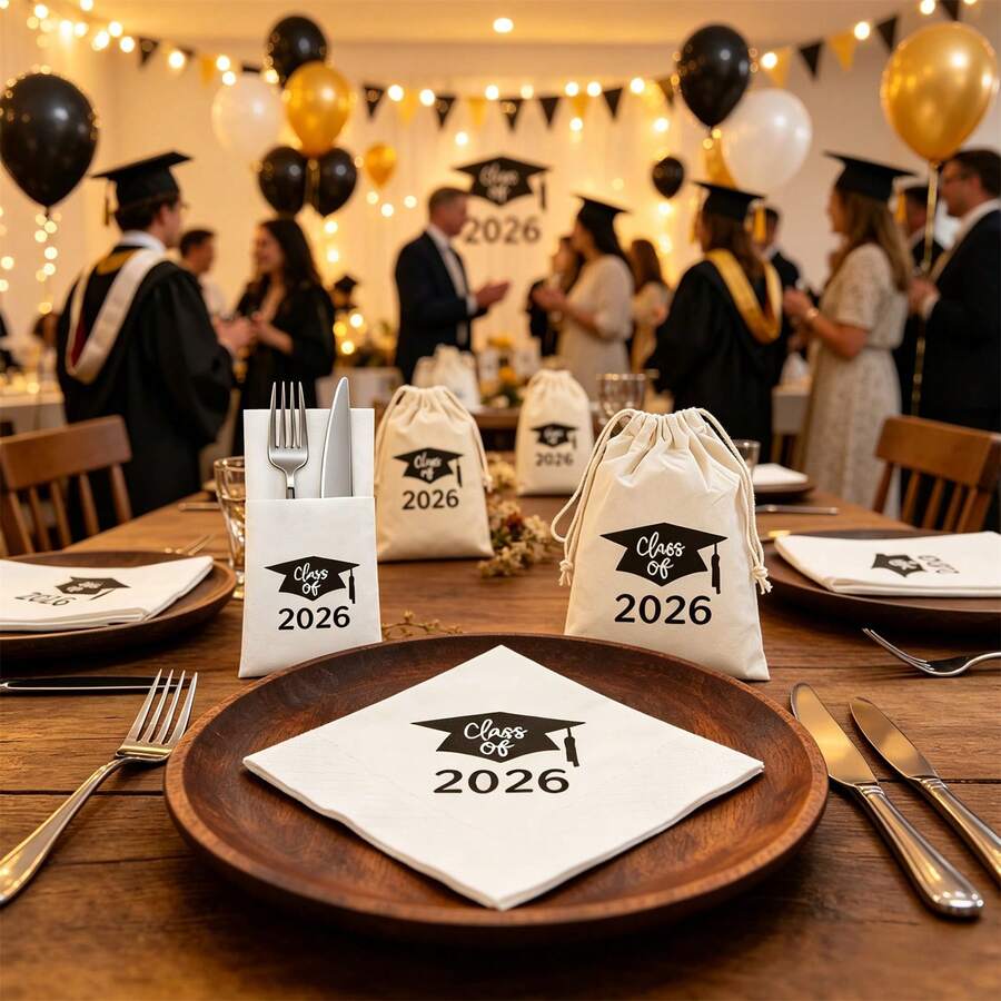 15pcs/Set 2026 Graduation Party Tabletop Decor: 5 Disposable Napkins + 5 Cutlery Mats + 5 Drawstring Gift Bags, Graduation Ceremony GRAD Class Of 2026 - View 1