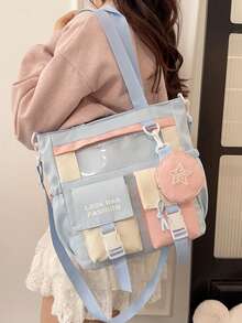 Fashion Color Block Tote Bag, Large Capacity Shoulder Crossbody Bag, Zipper Closure, Versatile For Shopping, Fits Phone, Wallet, Suitable For Stylish Middle-Aged & Young Women - Baby Blue - View 11