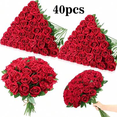12/24/48 tallos Ramo de rosas artificiales, flores artificiales de seda, ramo de rosas de tallo largo realistas, para decoración de bodas, centros de mesa para despedida de soltera, arreglos florales, decoración de mesas para fiestas y hogar, decoración de cumpleaños, decoración de aniversario, decoración navideña