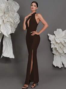 Halter Neck Knitted Bandage Dress, European And American Luxury New Arrival Evening Gown, Fashion Sexy Bodycon Dress For Family Parties, Cocktail Parties Party Wedding - Coffee Brown - View 4