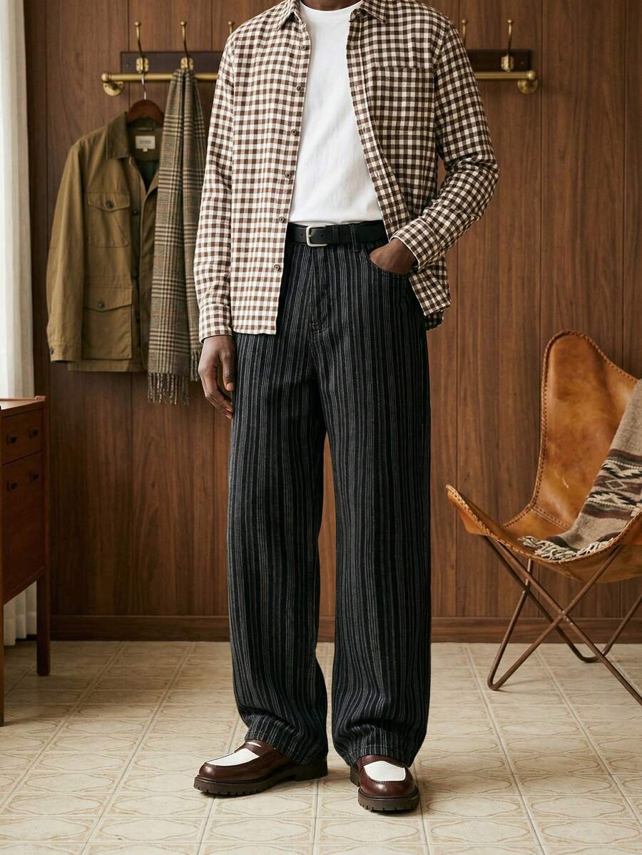 Pantalones vaqueros rectos y holgados con rayas verticales jacquard para hombre ONE.DINY, estilo casual de negocios, pantalones de ocio - Negro - Ver 1