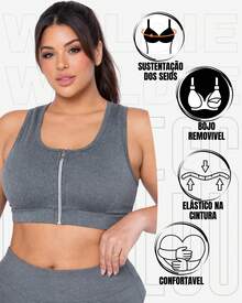 WOLFOC Women's Plus Size Cropped Fitness Top With Zipper And Removable Pads In Suplex Polyester - Grey - View 3