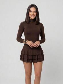 Women's Short Dress With Long Sleeves, Open Back, Ruffled Hem, Elegant, Layered, For Parties, Beach, Vacations, Stage And Concerts. - Rust Brown - View 2