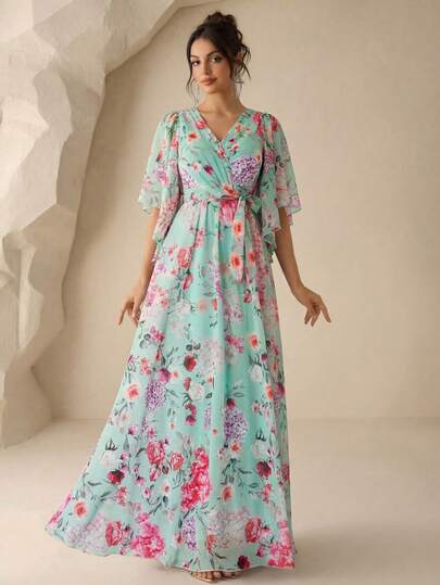 SUPGIR [Random Floral Watercolor Print] V-Neck Chiffon Batwing Sleeve Pleated Bodice & Waist Elegant Dress