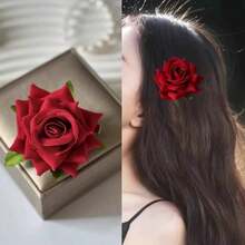 1pc Summer Floral Side Ear Clip, Rose Flower Decor - Bohemian Style Luxurious Retro Headpiece, Sensual - Beach Holiday Photo Prop Elegant Accessory - Suitable For Pairing With Various Fashionable Hairstyles,Travel, Claw Clips,Hair Clip,Party - Red - View 5