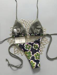 2pcs Retro Floral Colorblock Plaid Print Bikini Swimwear, Suitable For Beach, Pool, Cruise, Party In Spring And Summer Vacation - Black Background With Green Flowers - View 3