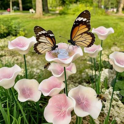 6pcs Ceramic Garden Decor Stakes - Outdoor Yard Spring/Summer Decor, Handmade Ceramic Flower Decorations Can Be Used As Bird Baths, Bee Feeders, Butterfly Waterers, Suitable For Bee Feeding And Outdoor Decor, Garden, Landscape, Yard, Flower Bed Decoration, Spring/Summer Decor