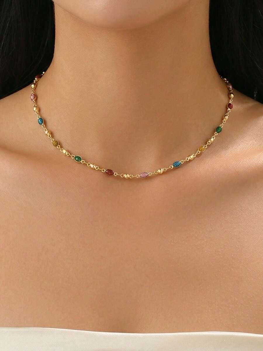 1pc Niche Minimalist Colorful Chain Necklace, Basic Alloy Necklace Fashion Jewelry For Women, Suitable For Daily Wear, Party, Vacation, Date - The Color Arrangement Of The Handmade Chain Is Random - Multicolor - View 1