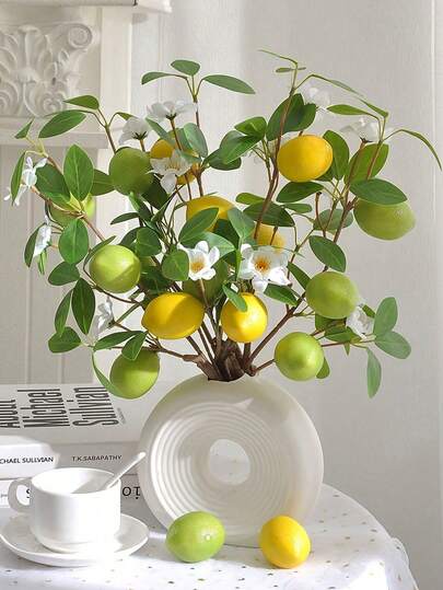 2/1set Artificial Lemon Branch With Faux Flowers Realistic Flexible Fake Lemon Plant For Floral Arrangements Decor,For Wedding Birthday Holiday Farmhouse Party Decor,For Table Centerpiece Home Decor,Seasonal Display(Without Vase)