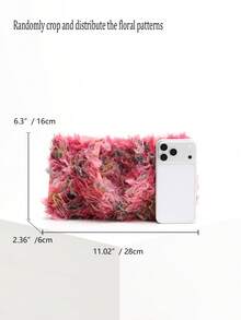 1件彩色花卉亚麻布网眼刺绣贴花褶皱手拿包，时尚亮片云朵图案手提包，配有可拆卸链条肩带，适合晚宴、休闲、度假（花卉亮片图案随机发送） - 粉色 - 查看 2