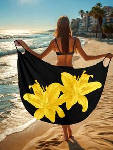 Women's Floral Print Beach Cover Up, Casual Wrap Dress For Summer Vacation - Yellow - View 4
