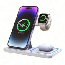Portable 3-In-1 Foldable Wireless Charging Station, 15W Charging Stand, Compatible With IPhone 1-9 And 3/2/Pro. Only Supports Slow Charging, Not Fast Charging. - White - View 6
