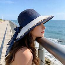 Stylish Straw Hat With Bowknot,Beach Hat,Hats For Women,Beach Hats For Women,Elegant Women's Sun Hat, Beach Sun Protection Hat, UV Protection Hat, Wide Brim Summer Sun Hat - 藏蓝色 - 查看 3