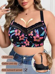 Lace Patchwork Sexy Front Closure Wireless Bra For Women, Casual Comfortable Minimalist Back Design, Thickened Plus Size Bra Wireless - Black - View 5