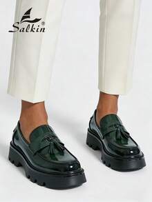 Salkin New Designer Men's Slip-On Loafers, British Style, Soft & Comfortable, Round Toe, Elegant Formal Leather Shoes, Glossy Finish, Green Color, Non-Slip Thick Sole, Suitable For Casual, Dating, Party, Wedding, Spring/Summer/Autumn, Size Runs Small, Please Order One Size Up - Dark Green - View 11