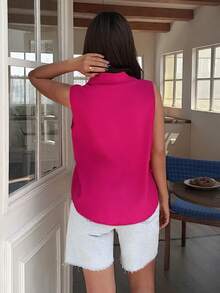 女士无袖衬衫，翻领纽扣，休闲夏季上衣 - 玫紅色 - 查看 2