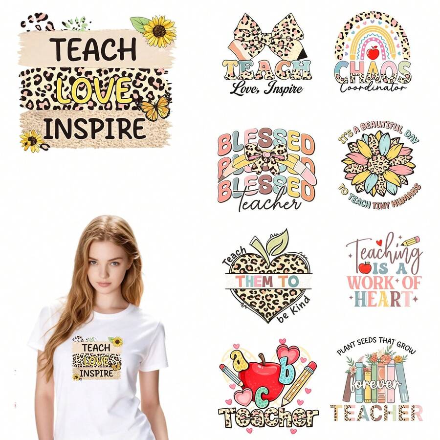 9 Sheets Teachers' Day Iron On Transfers,  DTF Transfer Ready To Press For T-Shirts,  Teach Love Inspire Leopard Sunflower Butterfly   Teach Love Inspire Bow   Chaos Coordinator Rainbow Heart   Teacher Leopard Flower   It's A Beautiful Day To Teach Tiny Humans   Teach Them To Be Kind Apple   Teaching Is A Work Of Heart   Teacher Abc Apple Pencil Hearts   Plant Seeds That Grow Teacher Books , Easy Heat Transfer For Clothing, T-Shirts, Jeans, Backpacks, Hats & Pillows,  Washable - 隨機風格 - 查看 1