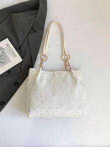 1 pieza Bolso de hombro con capacidad grande, de poliéster con patrón de estrella y decoración de nube, de uso diario y de moda para mujeres - Blanco - Ver 8