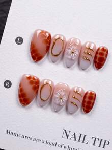 10pcs Short Almond-Shaped Pure Handmade Wearable Nails (Including 1 Set Of Manicure Tools), Ombre Honeycomb Pattern With 3D Floral And Gold Line Decor, Glossy Finish False Nails, Suitable For Women And Girls For Daily Wear And Parties - Multicolor - View 2