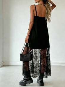 休闲优雅波西米亚山茶花针织蕾丝拼接吊带沙滩裙，适合度假、约会，四季皆宜，全球夏季皆可穿着。 - 磨砂黑 - 查看 2