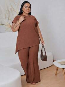 Women's Plus Size Elegant Asymmetrical Set In Premium Ribbed Anarruga Fabric, Short Sleeves, Wide-Leg Pants, Modern Look - Mocha Brown - View 1