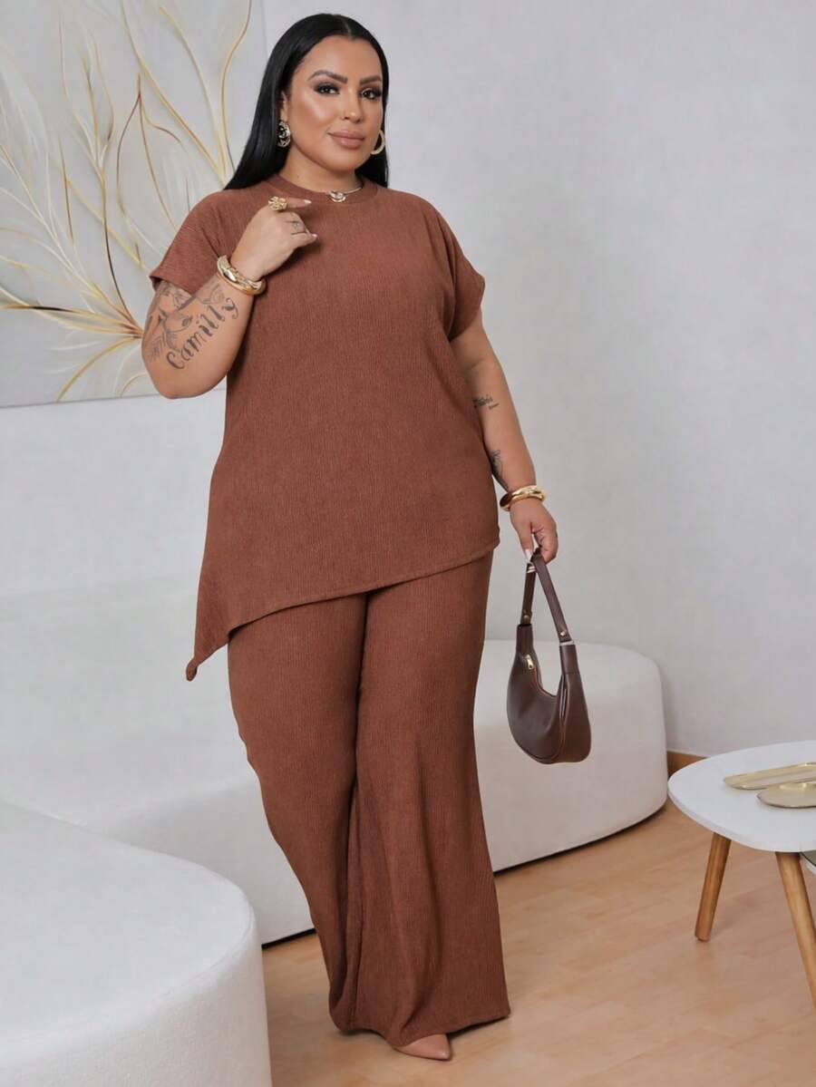 Women's Plus Size Elegant Asymmetrical Set In Premium Ribbed Anarruga Fabric, Short Sleeves, Wide-Leg Pants, Modern Look - Mocha Brown - View 1
