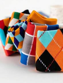 1/3/5 Pairs Random Men's Colorful Geometric Plaid Pattern Comfortable Casual Socks, Suitable For Spring/Summer Outings - Multicolor - View 3