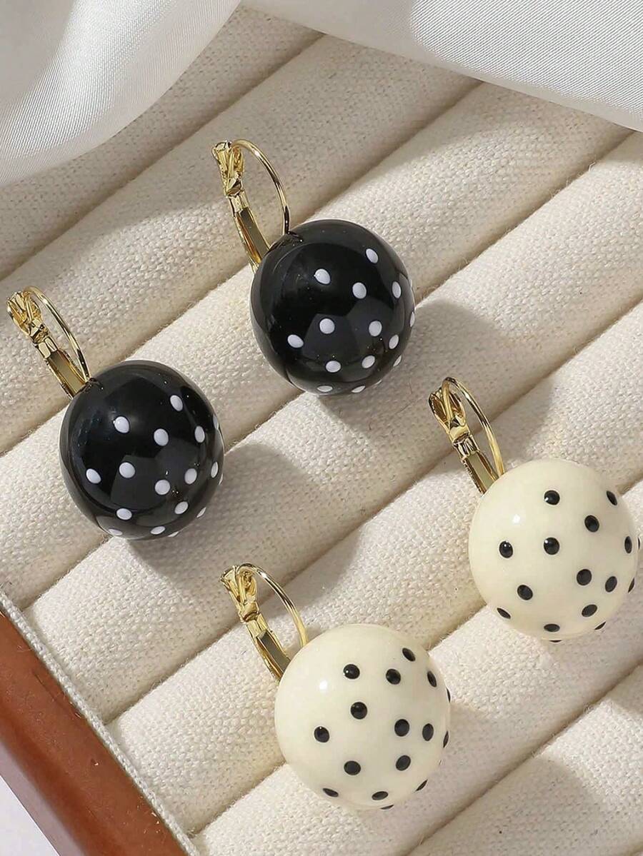 4只/2只装 时尚简约黑白波点耳环，适合女性日常佩戴和送礼