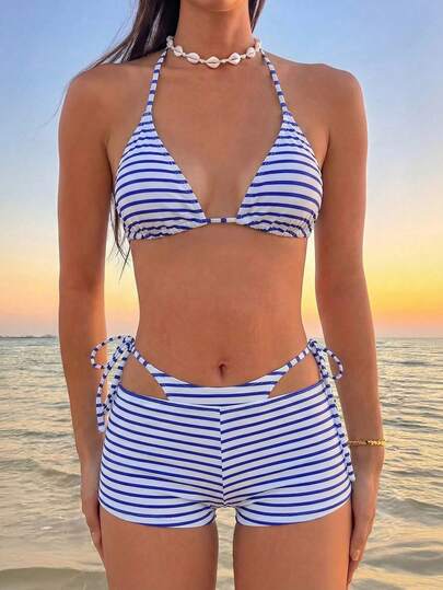 Women's 3-Piece Halter Neck Striped Tankini Swimwear With Skirt, White & Blue Striped Fabric, Tie-Side Bottom, American Sexy Beach Style, Suitable For Summer Beach, Swimming, Hot Spring Vacation