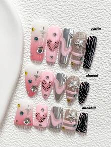 10Pcs Y2K Style Handmade Nail Art Set,Unghie Press On,Star Cut Rhinestones,Stars, Starbursts Nail Art Accessories,Pink And Black Nail Polish,Includes Nail Tools,3 Sizes Available,Almond Nails , Duck Nails,Coffin Nails For Party, Dance, Daily Wear. - 彩色 - 查看 1