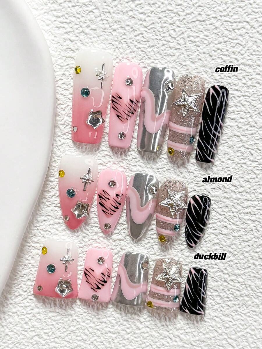 10Pcs Y2K Style Handmade Nail Art Set,Unghie Press On,Star Cut Rhinestones,Stars, Starbursts Nail Art Accessories,Pink And Black Nail Polish,Includes Nail Tools,3 Sizes Available,Almond Nails , Duck Nails,Coffin Nails For Party, Dance, Daily Wear. - 彩色 - 查看 1