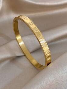 18K Gold Plated Stainless Steel Hollow Heartbeat Pattern Bangle Bracelet, Women's Bracelet, Stainless Steel Jewelry, Heart-Shaped Bracelet, Suitable For Daily Wear, Dates, Graduation Parties, Holidays, Mother's Day Gifts, Valentine's Day Gifts, Summer Jewelry, Beach Jewelry, Bohemian Style Jewelry - Multicolor - View 3