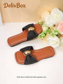1 Pair Girls' White Woven Metal Buckle Slide Sandals For Sweet Princess-Style Summer Wear - màu đen - Xem 2