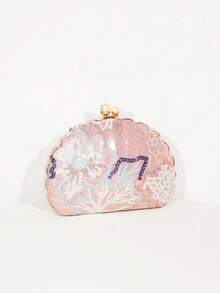 Dedoo Bolso de mujer con artesanía pesada de concha con malla bordada y lentejuelas, bolso de mano de lujo para vestido de noche y cena - Rosa - Ver 3